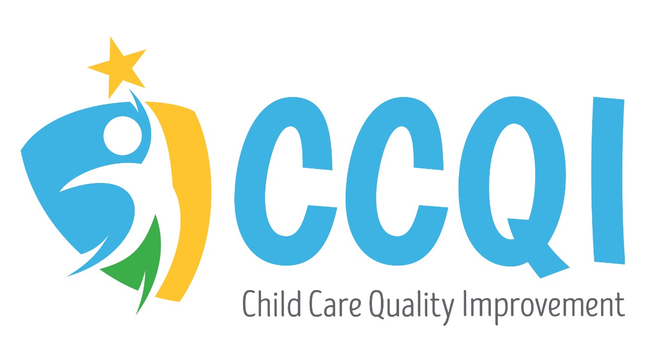 Text logo with a graphic of a person jumping to a star with a two-color shield behind.  CCQI Child Care Quality Improvement.